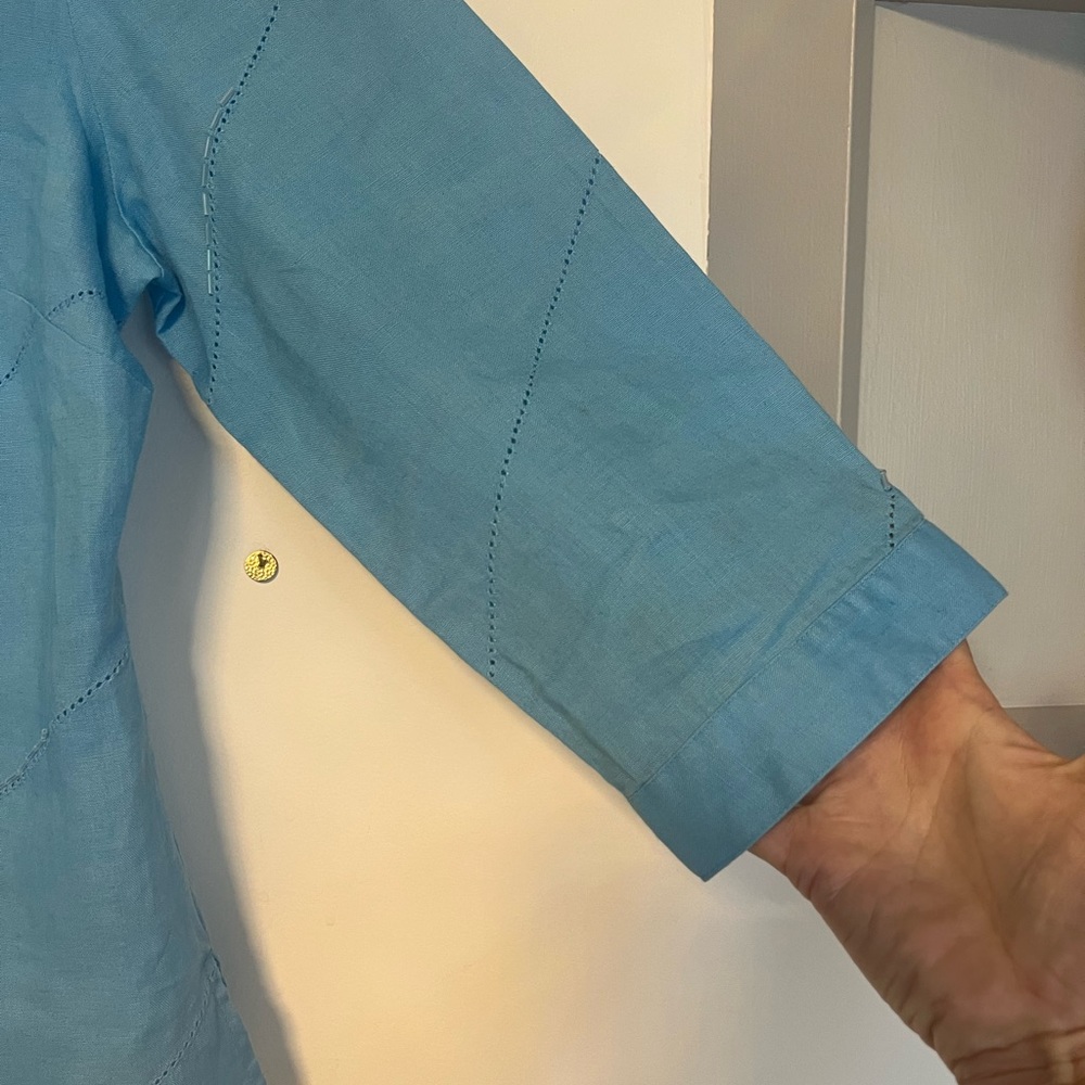 Anne Carson 100% Linen Aqua Blue Button Down 3/4 Sleeve Embellished size M - Picture 12 of 13